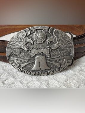 NRA 2nd Amendment Belt Buckle 1990 Pewter Eagle Liberty Bell USA Vintage